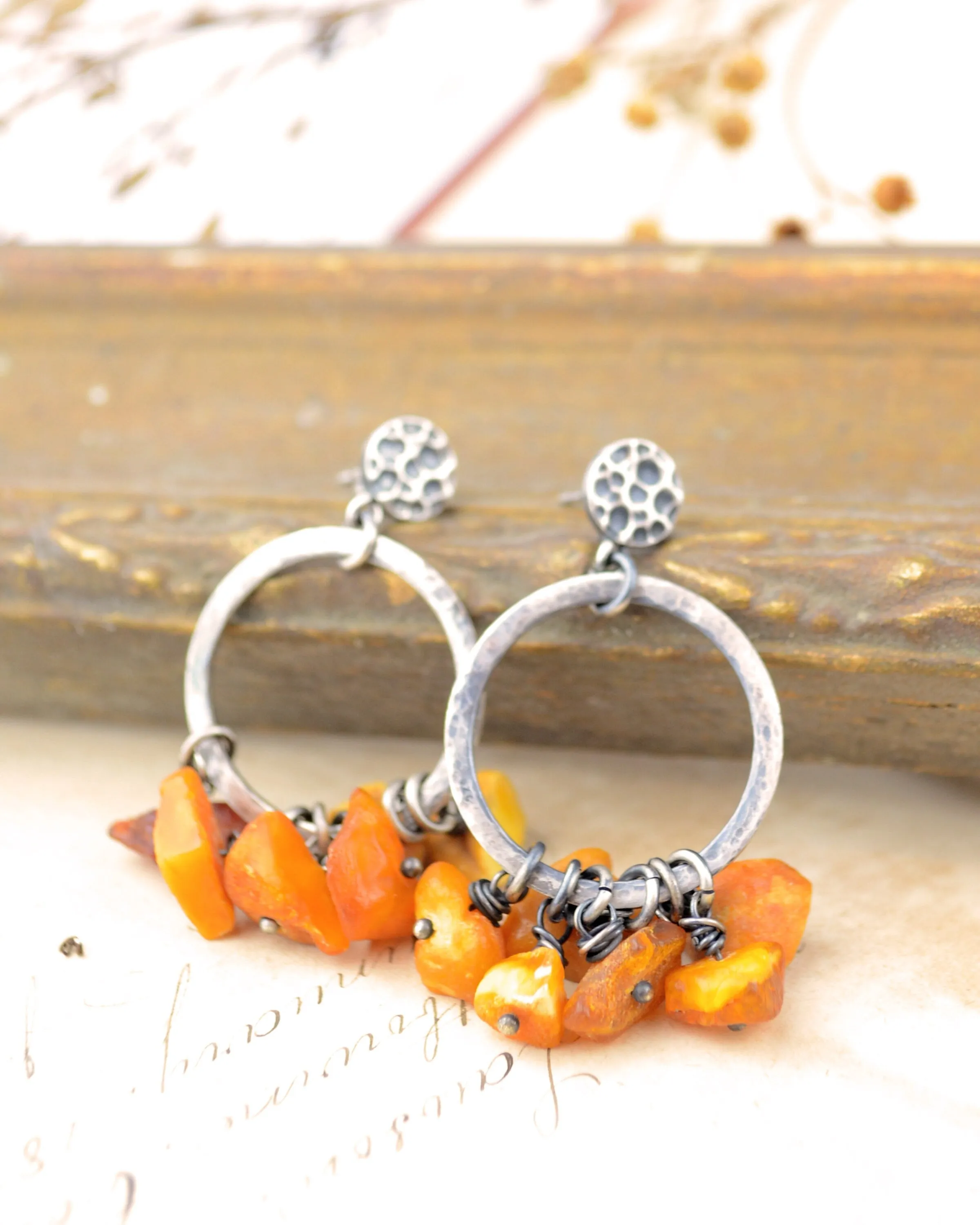 Boho silver hoop and raw amber dangling earrings