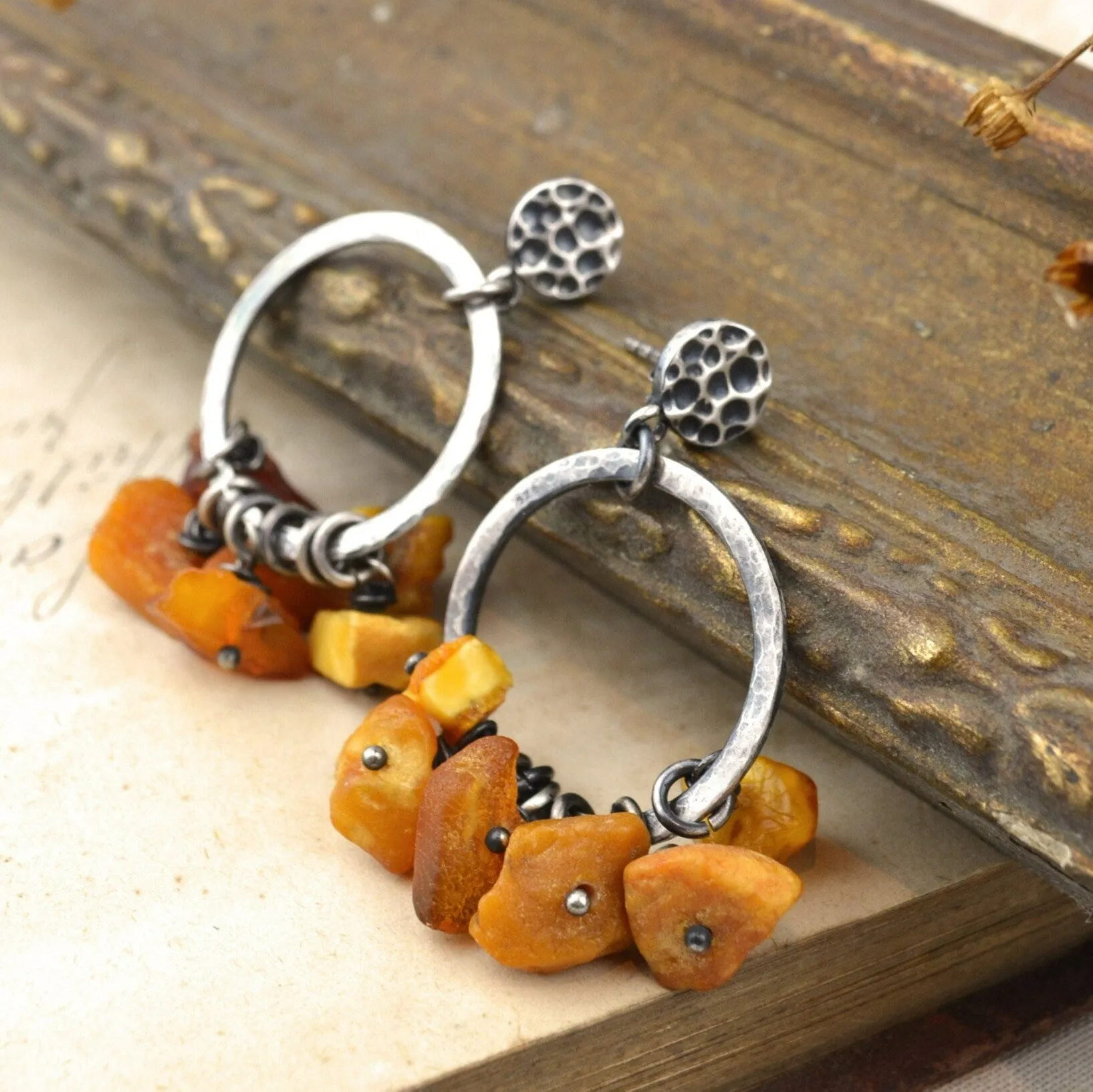 Boho silver hoop and raw amber dangling earrings