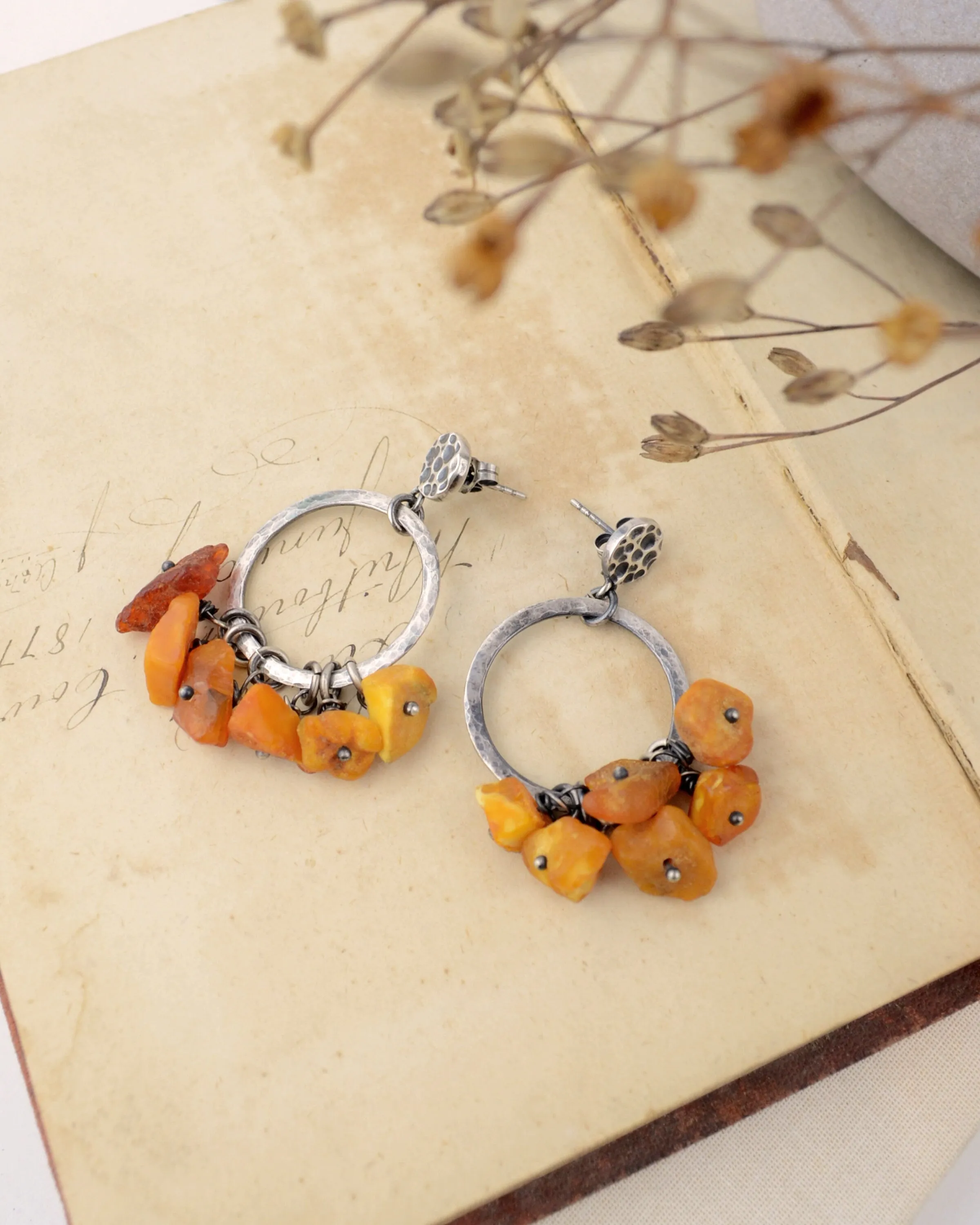 Boho silver hoop and raw amber dangling earrings