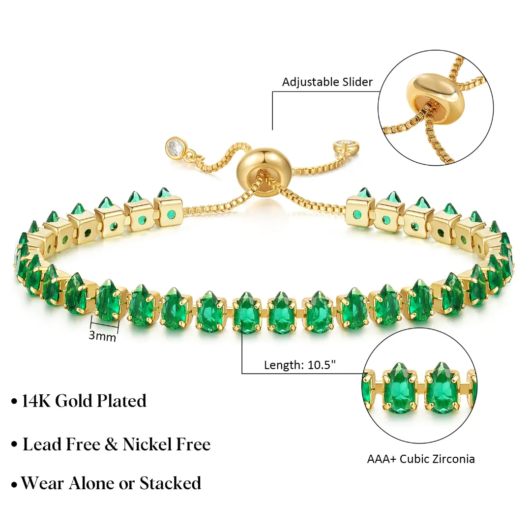 Bubble Initial Adjustable Slider Teardrop Diamond Tennis Bracelets-Green CZ