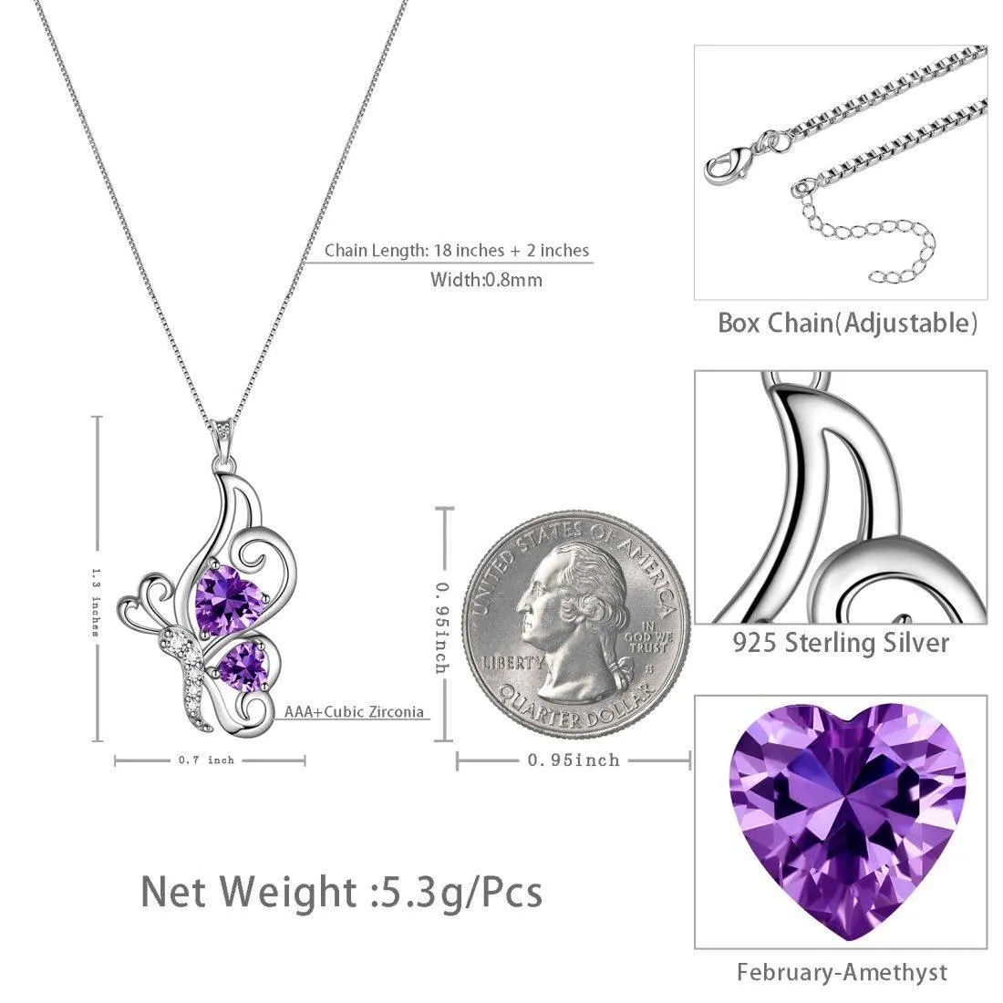 Butterfly Birthstone February Amethyst Necklace Women Girls Jewelry Birthday Gift Sterling Silver