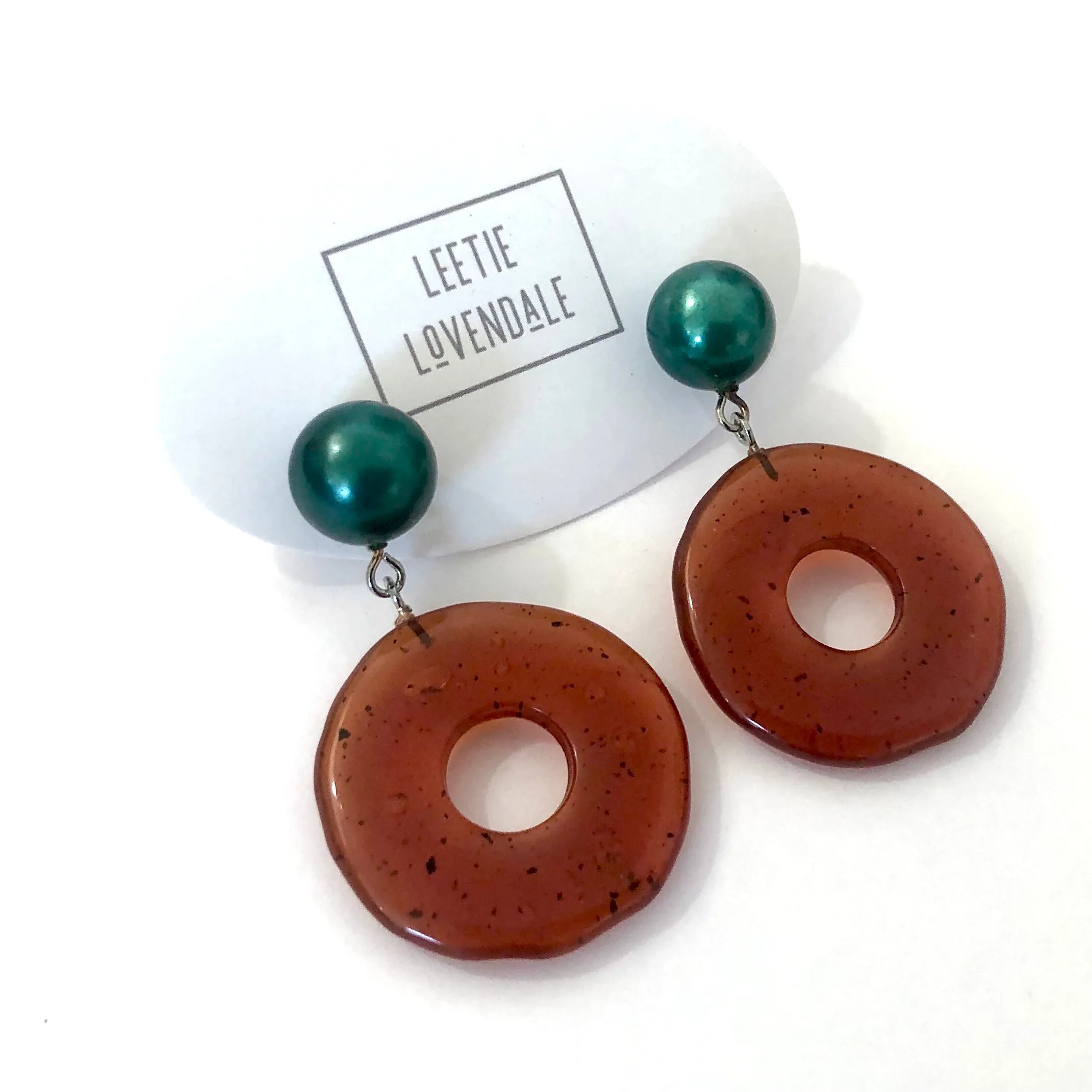 Carnelian Dark Amber & Green Pearl Donut Drop Earrings