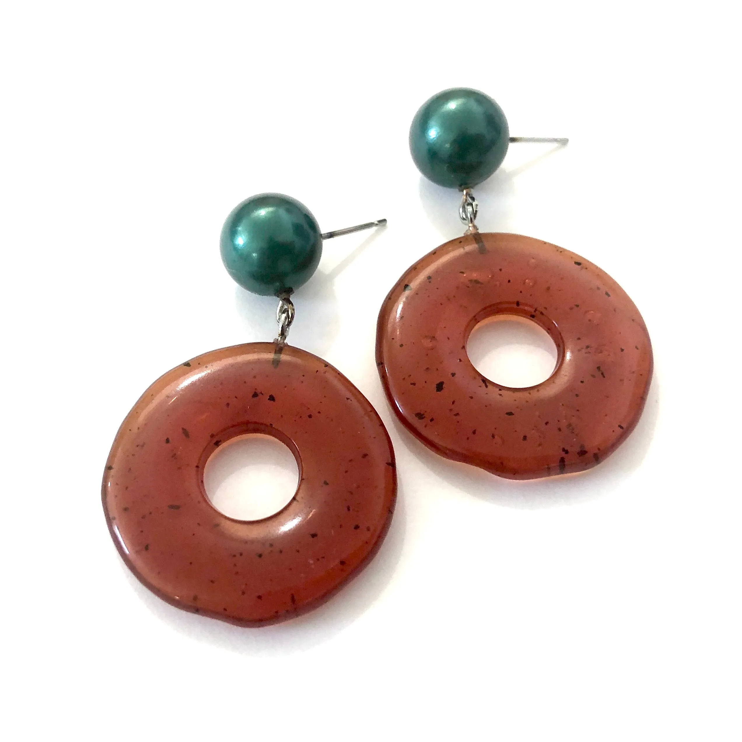 Carnelian Dark Amber & Green Pearl Donut Drop Earrings