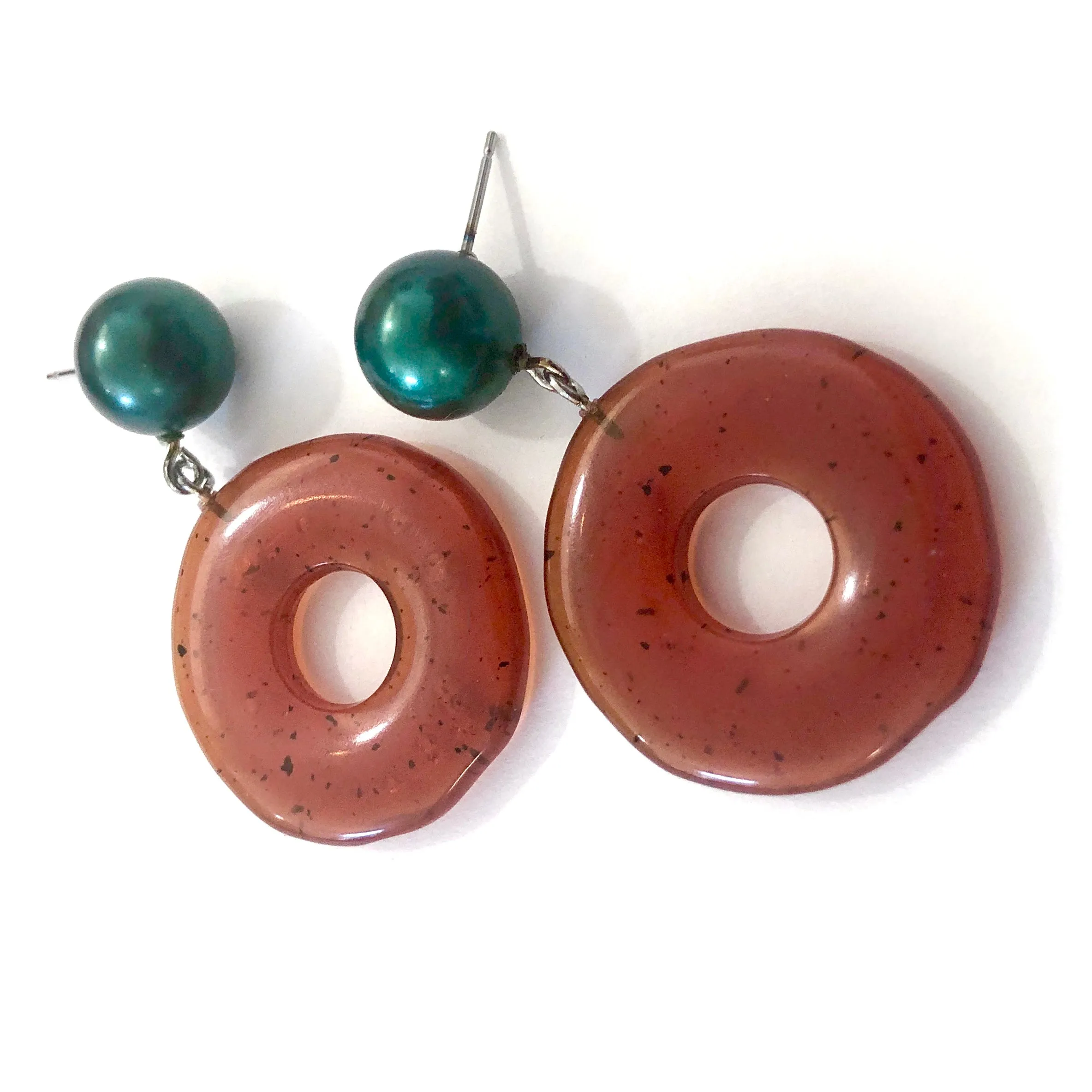 Carnelian Dark Amber & Green Pearl Donut Drop Earrings