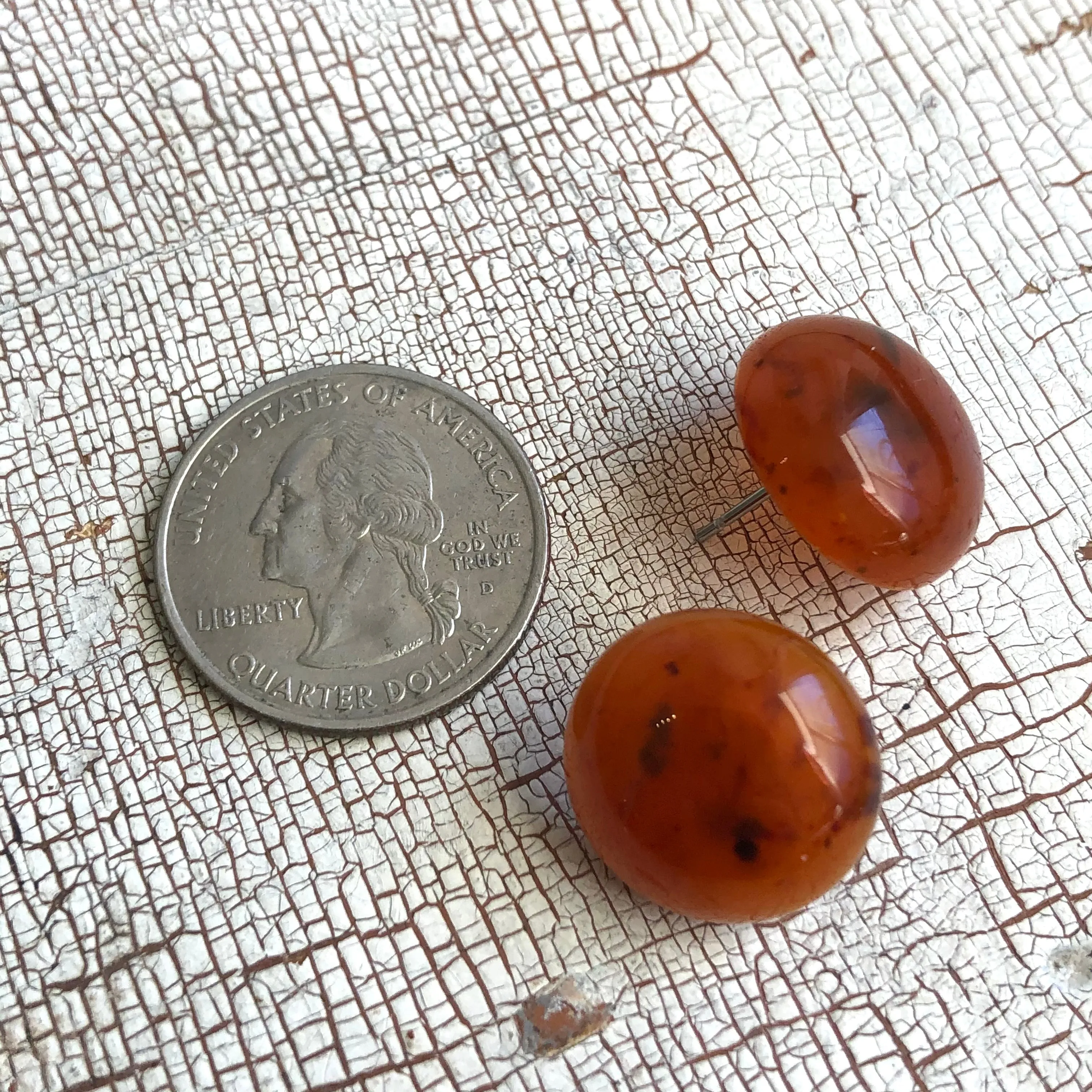 Carnelian Honey Amber Speckled Granite Retro Button Stud Earrings