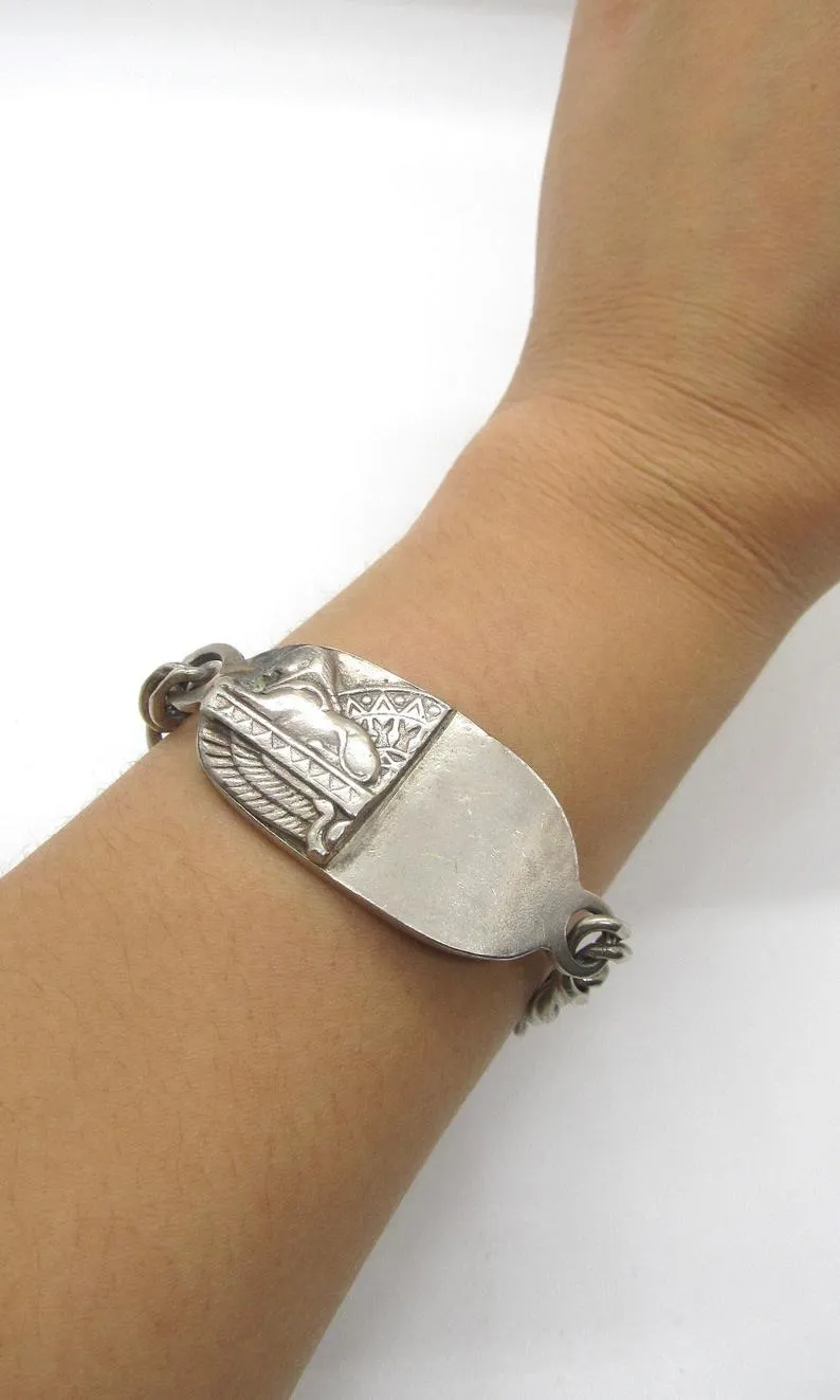 CHAIN REACTION Vintage Italian Sterling Silver Chain Link Sphinx Bracelet