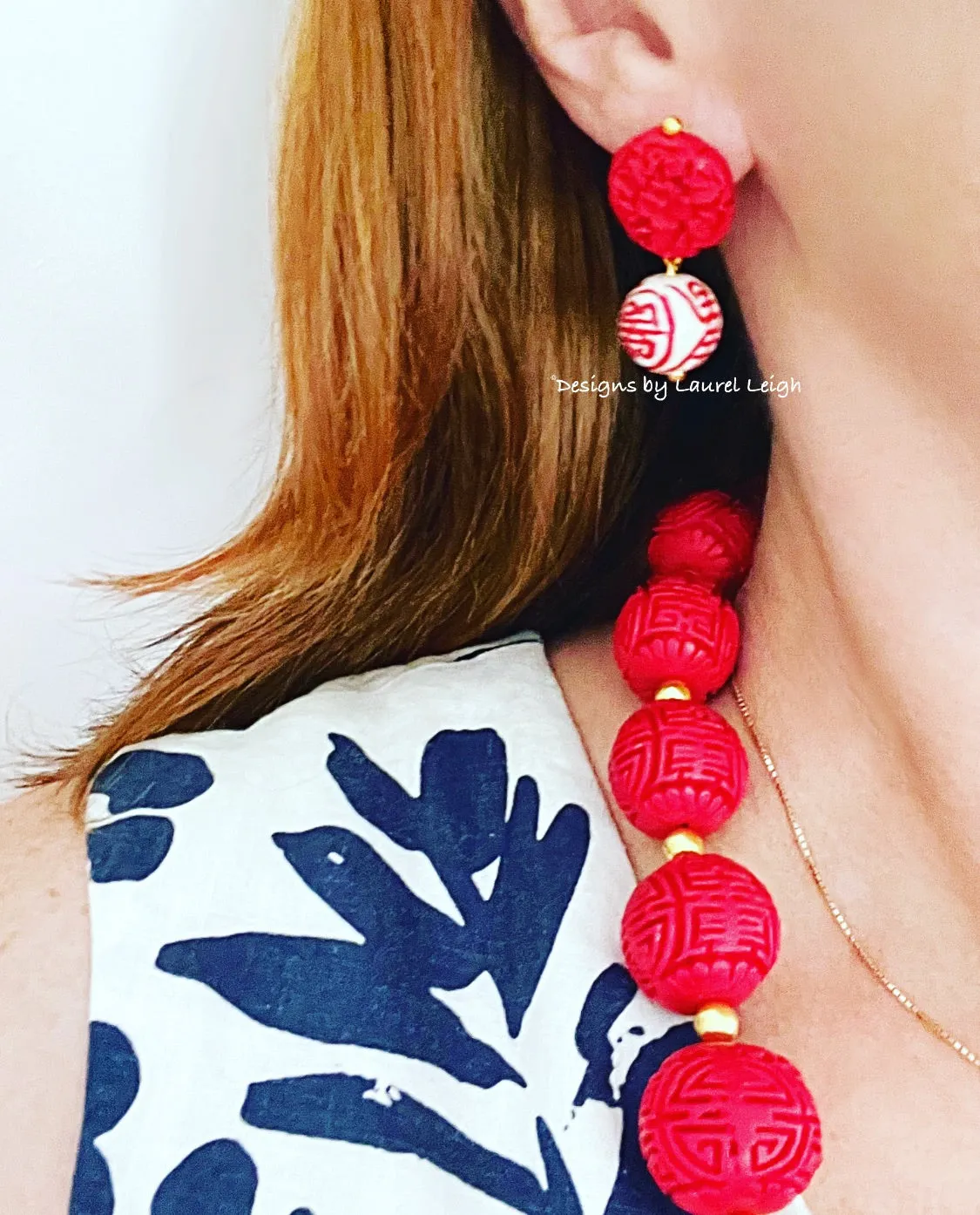 Chinoiserie Red Cinnabar Drop Earrings