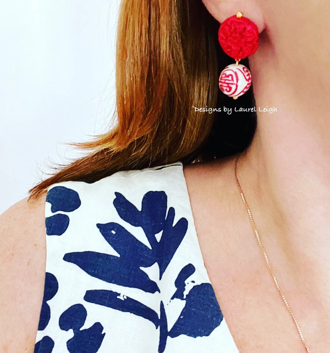 Chinoiserie Red Cinnabar Drop Earrings