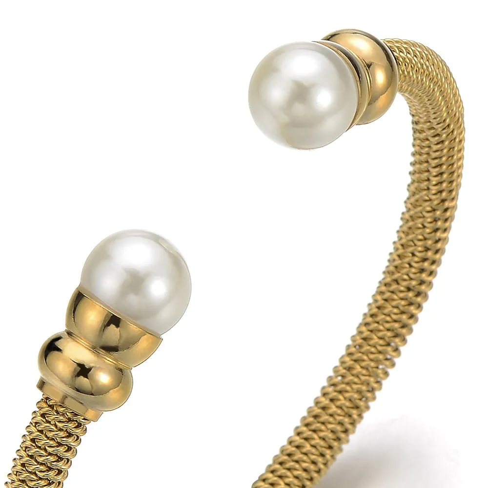 Classic Ladies Stainless Steel Bangle Bracelet with Synthetic White Pearl