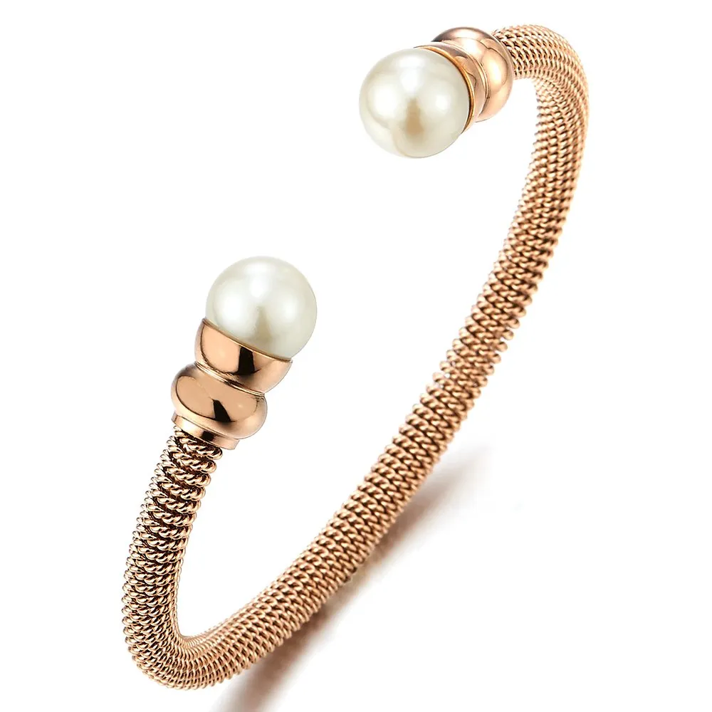 Classic Ladies Stainless Steel Bangle Bracelet with Synthetic White Pearl