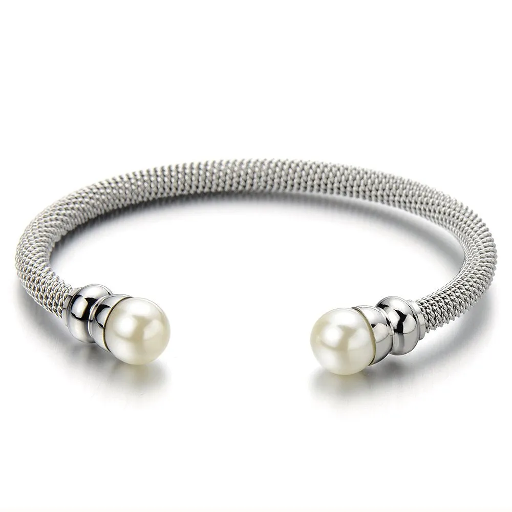 Classic Ladies Stainless Steel Bangle Bracelet with Synthetic White Pearl