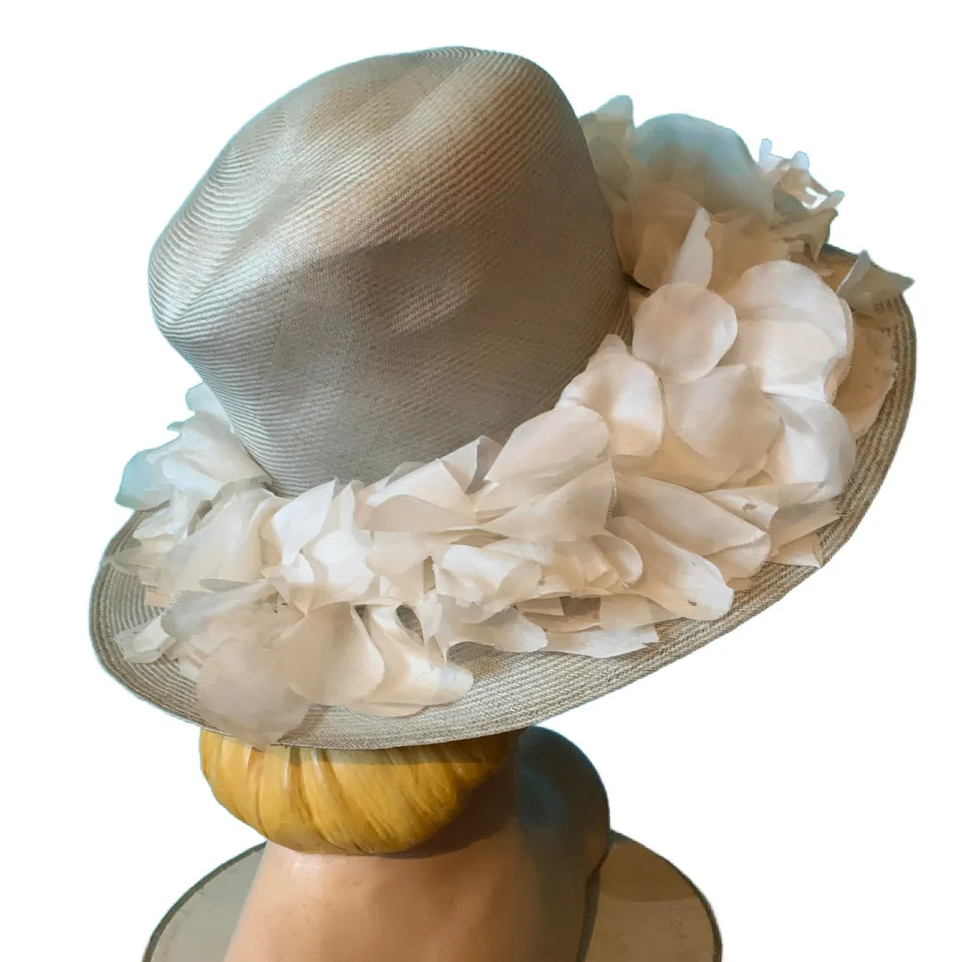 Cloud Grey Sisal Wide Brim Hat with Silk Flowers circa 1940s