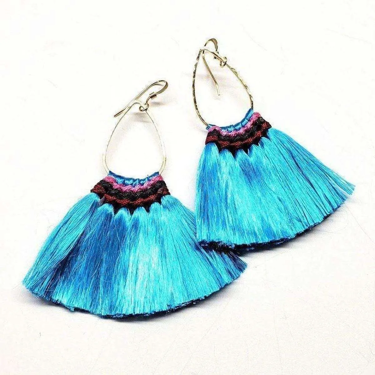 Colored Hawaii Hula Skirt Rayon Silk Fan Tassel Hoop Earrings