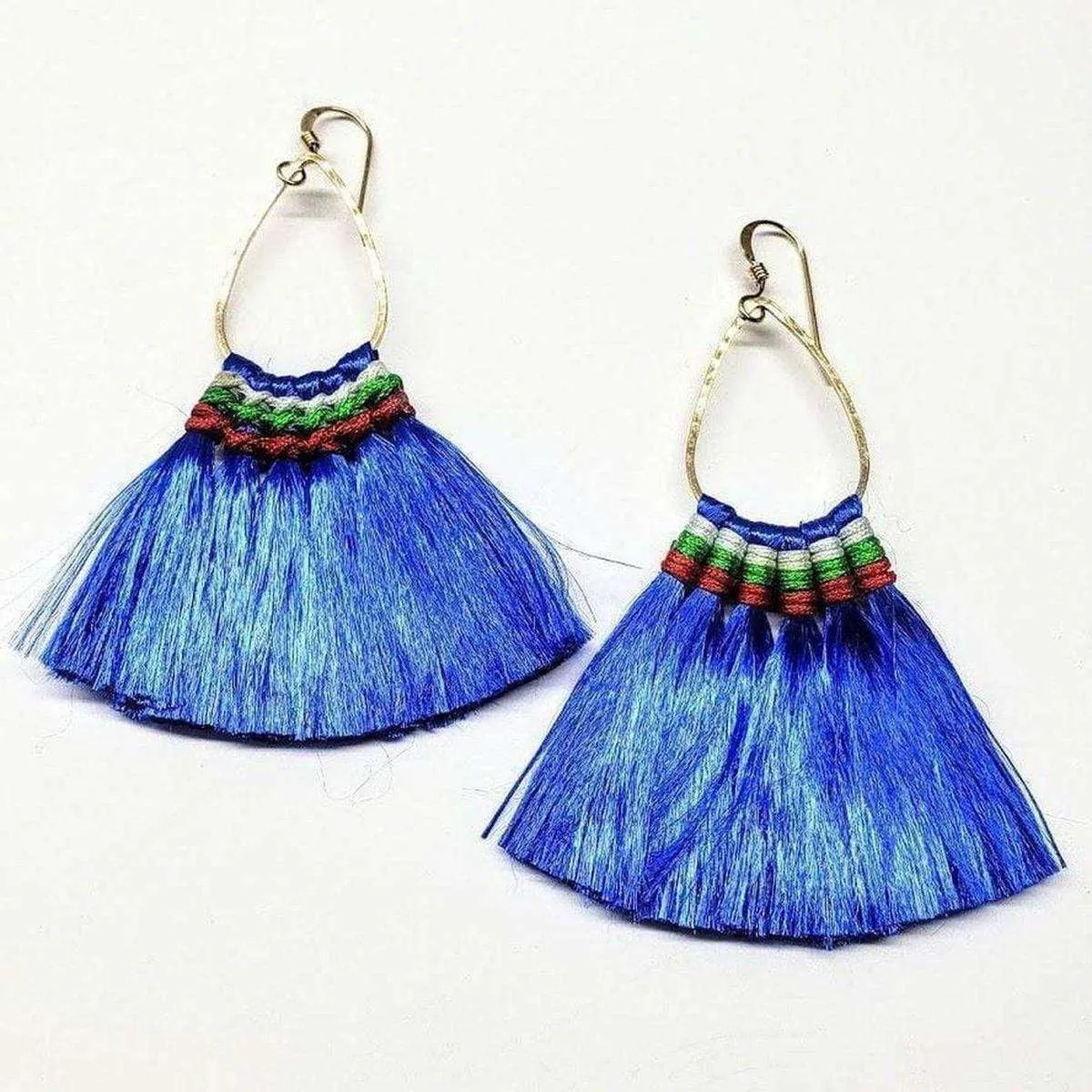 Colored Hawaii Hula Skirt Rayon Silk Fan Tassel Hoop Earrings