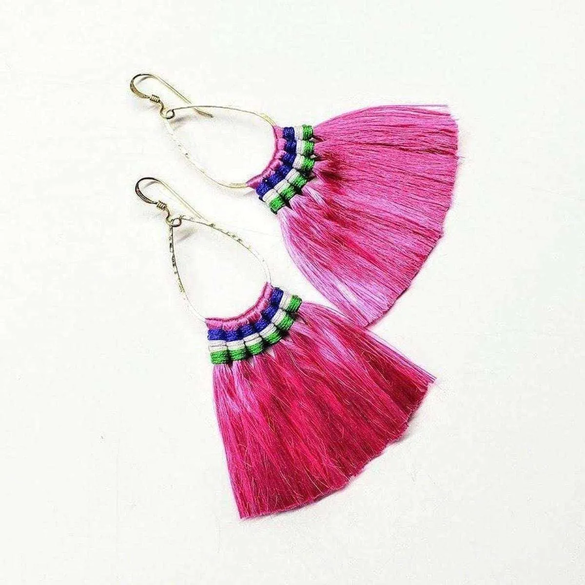 Colored Hawaii Hula Skirt Rayon Silk Fan Tassel Hoop Earrings