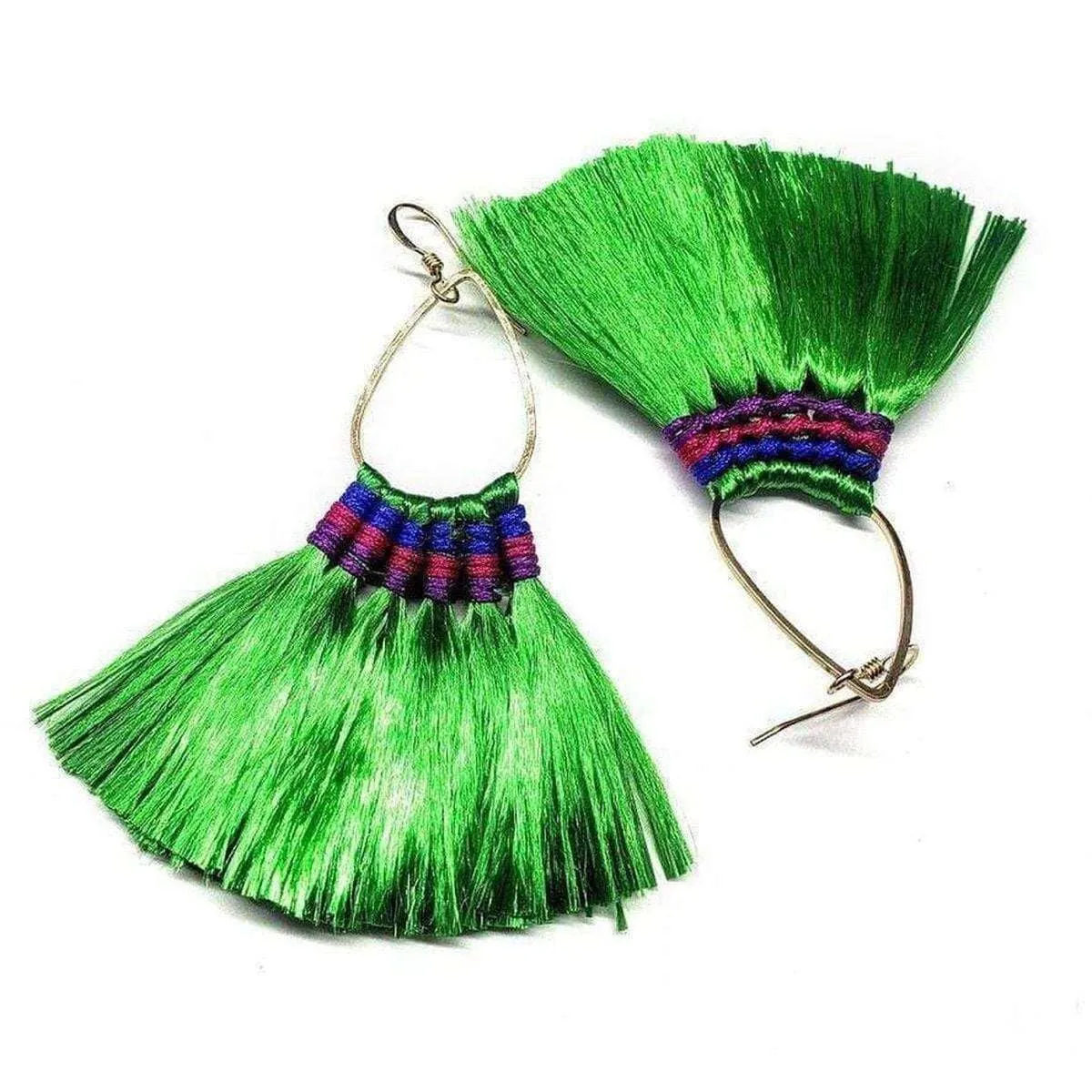 Colored Hawaii Hula Skirt Rayon Silk Fan Tassel Hoop Earrings