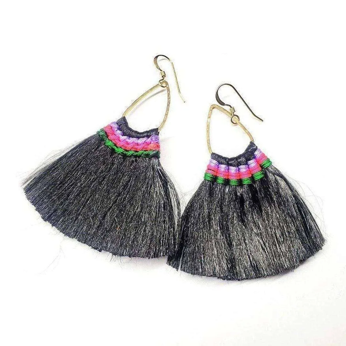 Colored Hawaii Hula Skirt Rayon Silk Fan Tassel Hoop Earrings