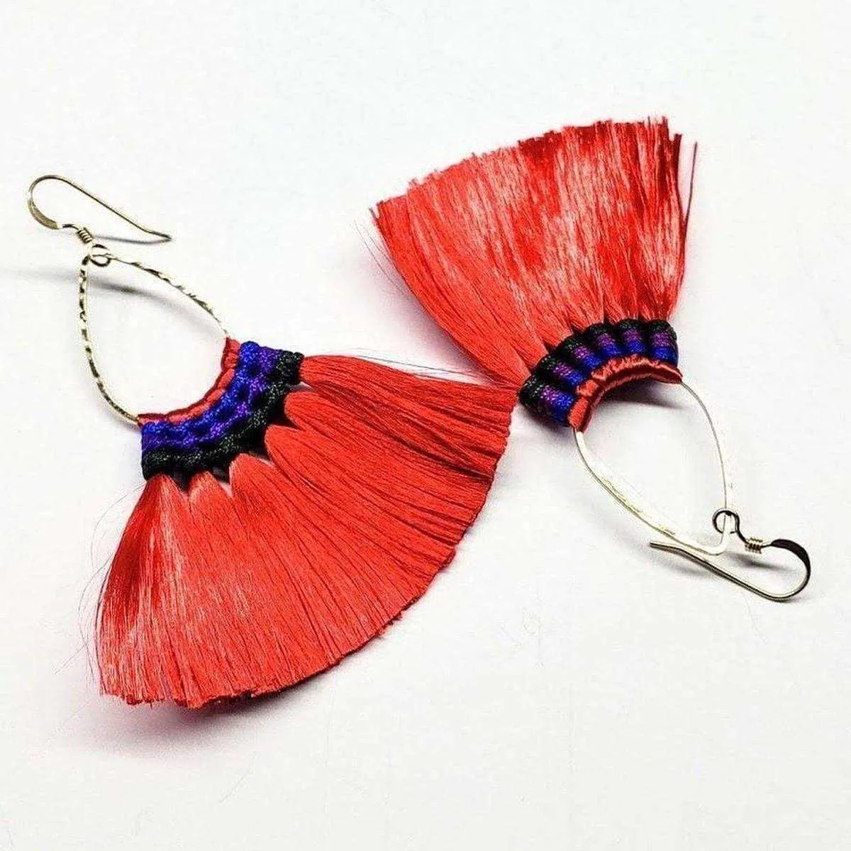 Colored Hawaii Hula Skirt Rayon Silk Fan Tassel Hoop Earrings