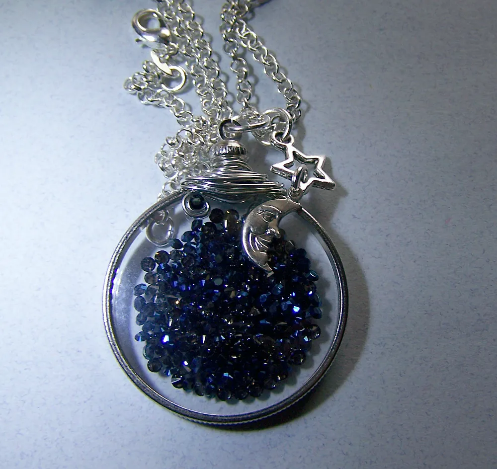 Cosmic Metallic Blue Floating Crystals Double Sided Glass Locket