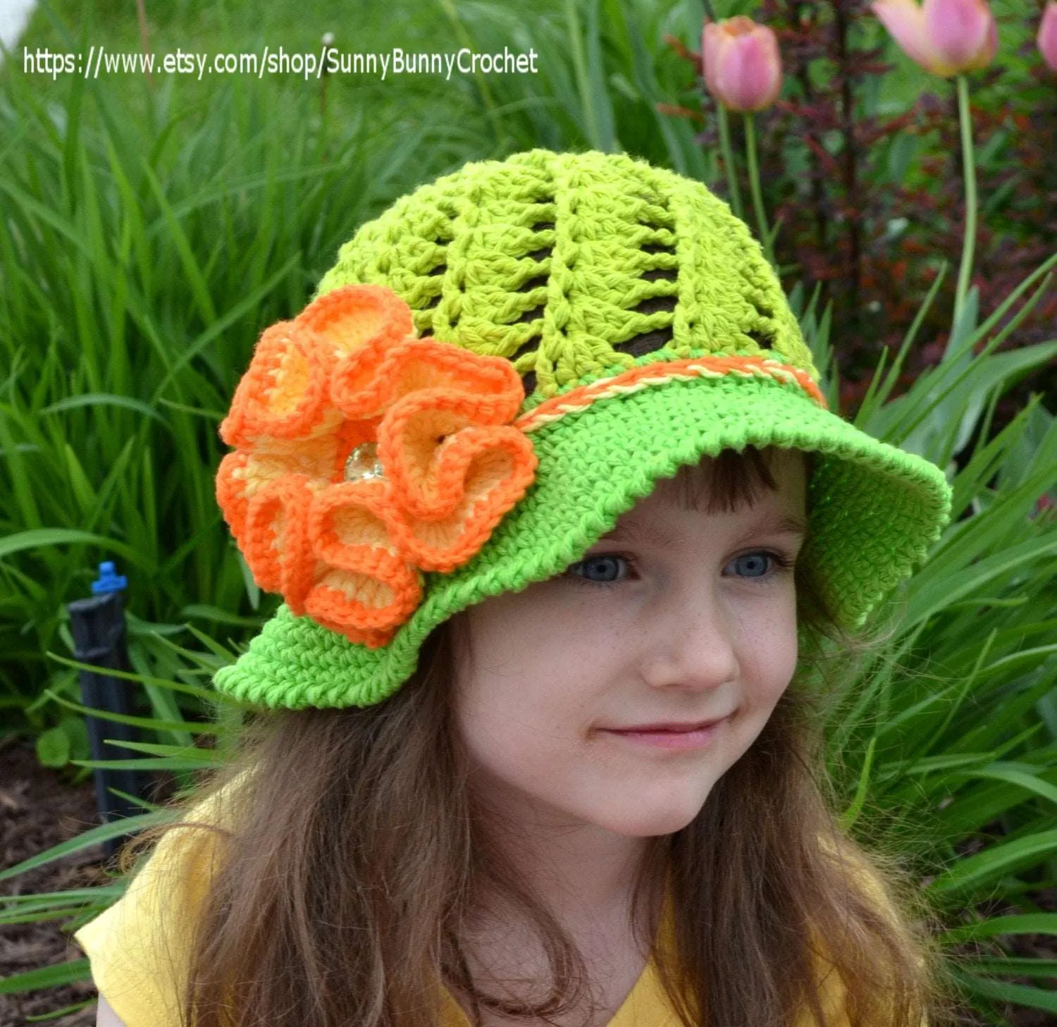 CROCHET SUMMER HAT - Crochet Sun hat, Girls Hat, Children, Large Flower, Cotton Beach Sun Hat, Brim, Baby, Crochet pattern, Green, Orange