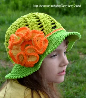 CROCHET SUMMER HAT - Crochet Sun hat, Girls Hat, Children, Large Flower, Cotton Beach Sun Hat, Brim, Baby, Crochet pattern, Green, Orange