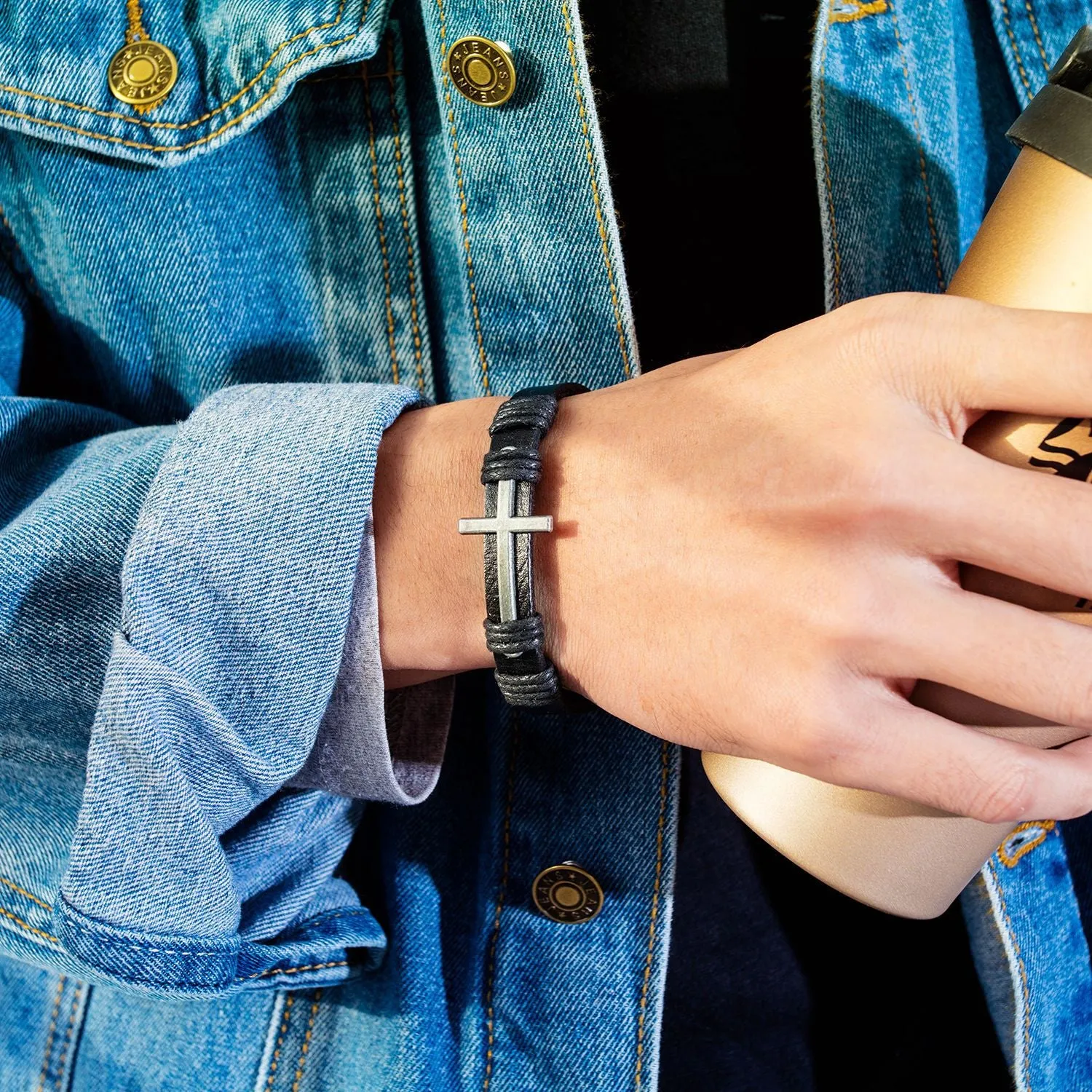 Cross leather cord bracelet