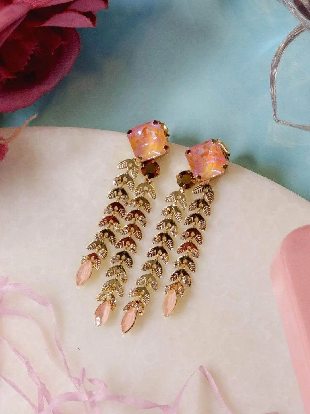 Crystal Double Trail Earrings Pink