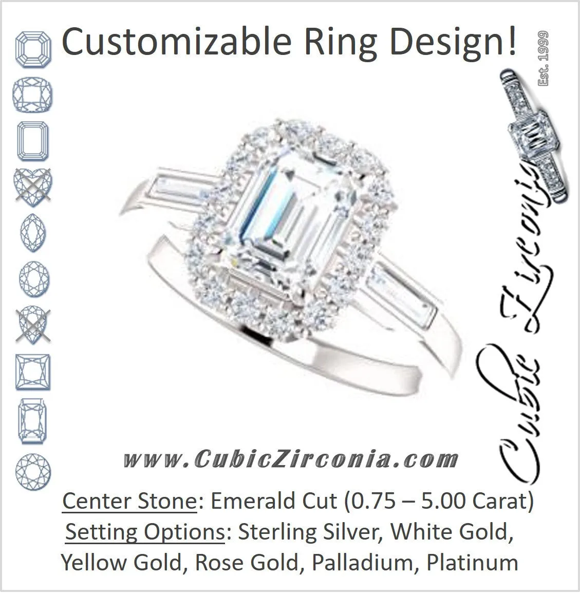 Cubic Zirconia Engagement Ring- The Azariah (Customizable Cathedral Emerald Cut Design with Halo and Straight Baguettes)