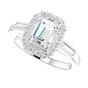 Cubic Zirconia Engagement Ring- The Azariah (Customizable Cathedral Emerald Cut Design with Halo and Straight Baguettes)