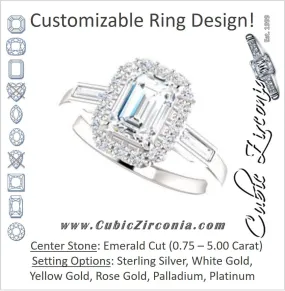 Cubic Zirconia Engagement Ring- The Azariah (Customizable Cathedral Emerald Cut Design with Halo and Straight Baguettes)