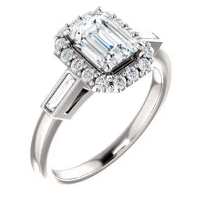 Cubic Zirconia Engagement Ring- The Azariah (Customizable Cathedral Emerald Cut Design with Halo and Straight Baguettes)