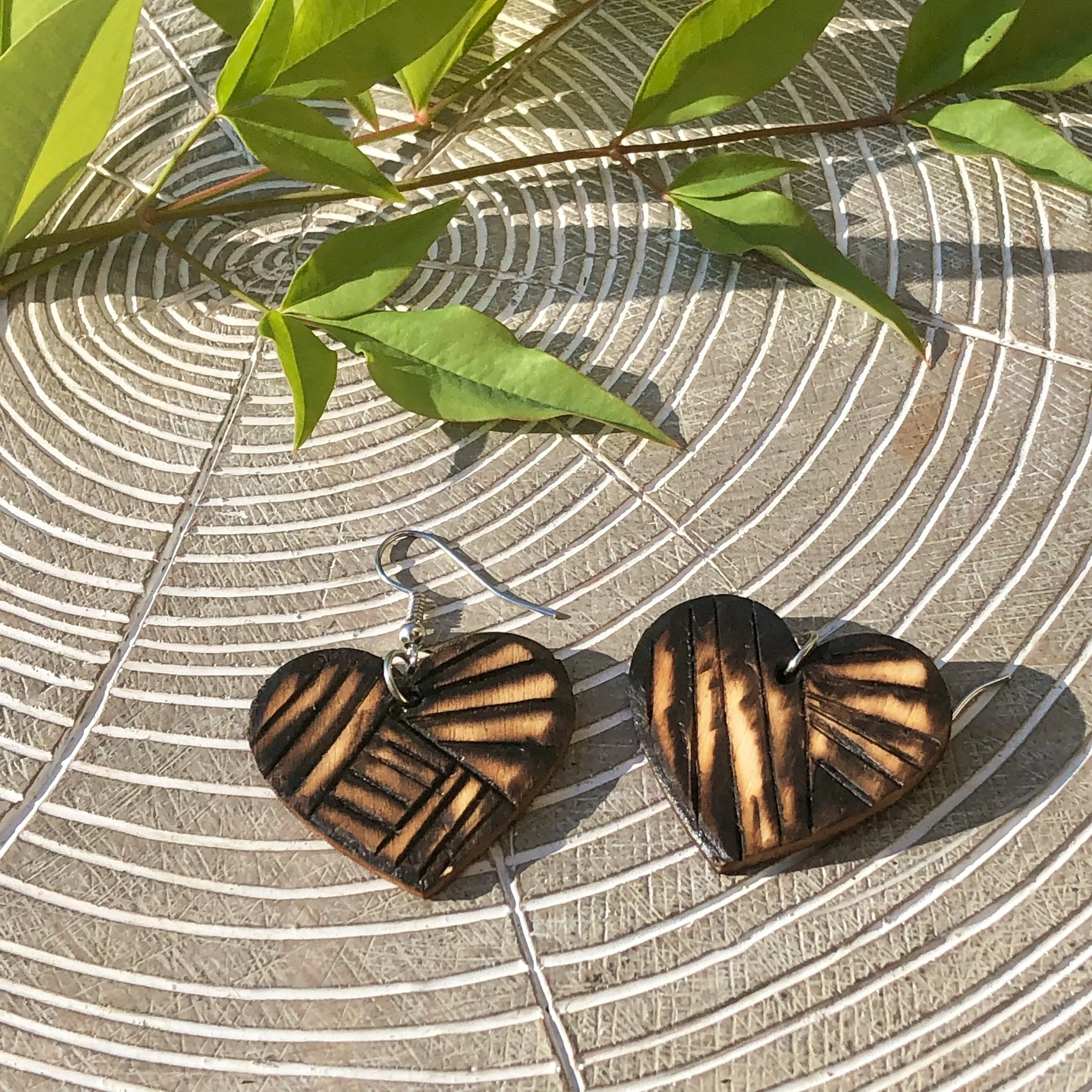 Dangle Heart Wood Burned Earrings