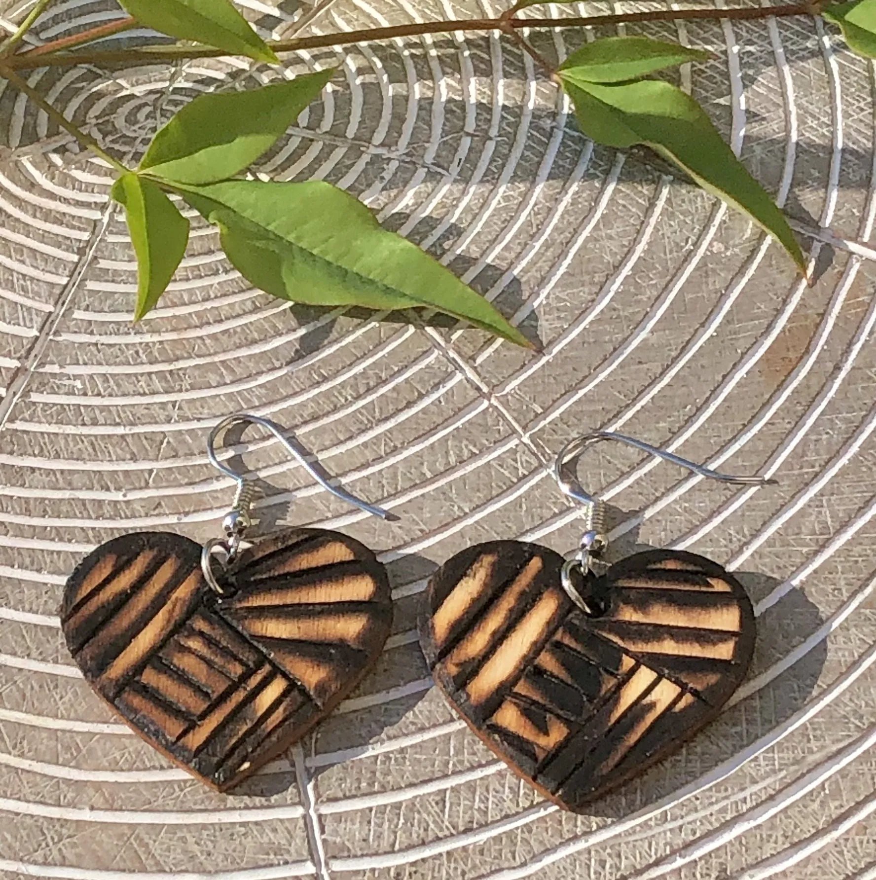 Dangle Heart Wood Burned Earrings