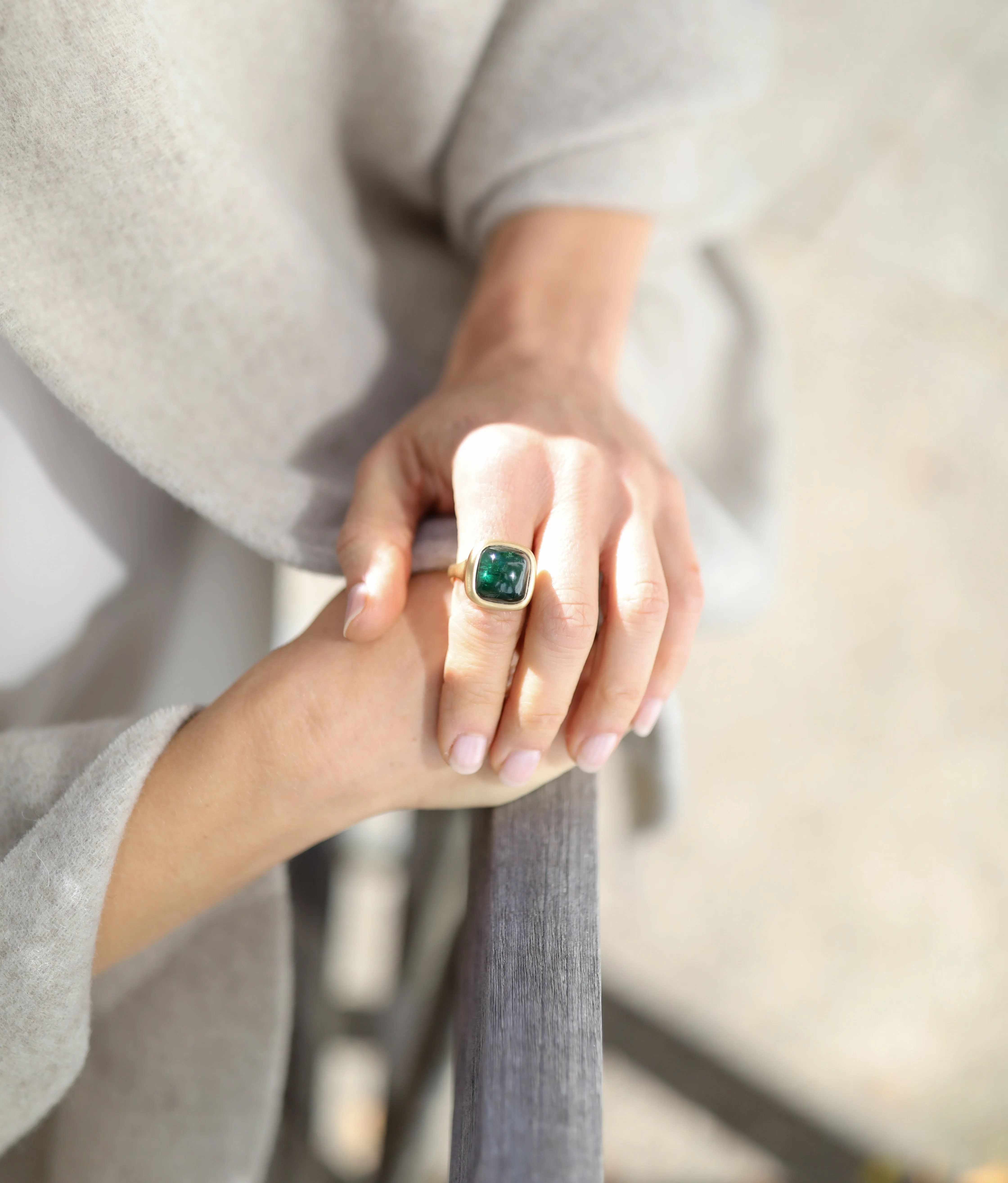 Deep Green/Blue Cushion Tourmaline Signet Ring