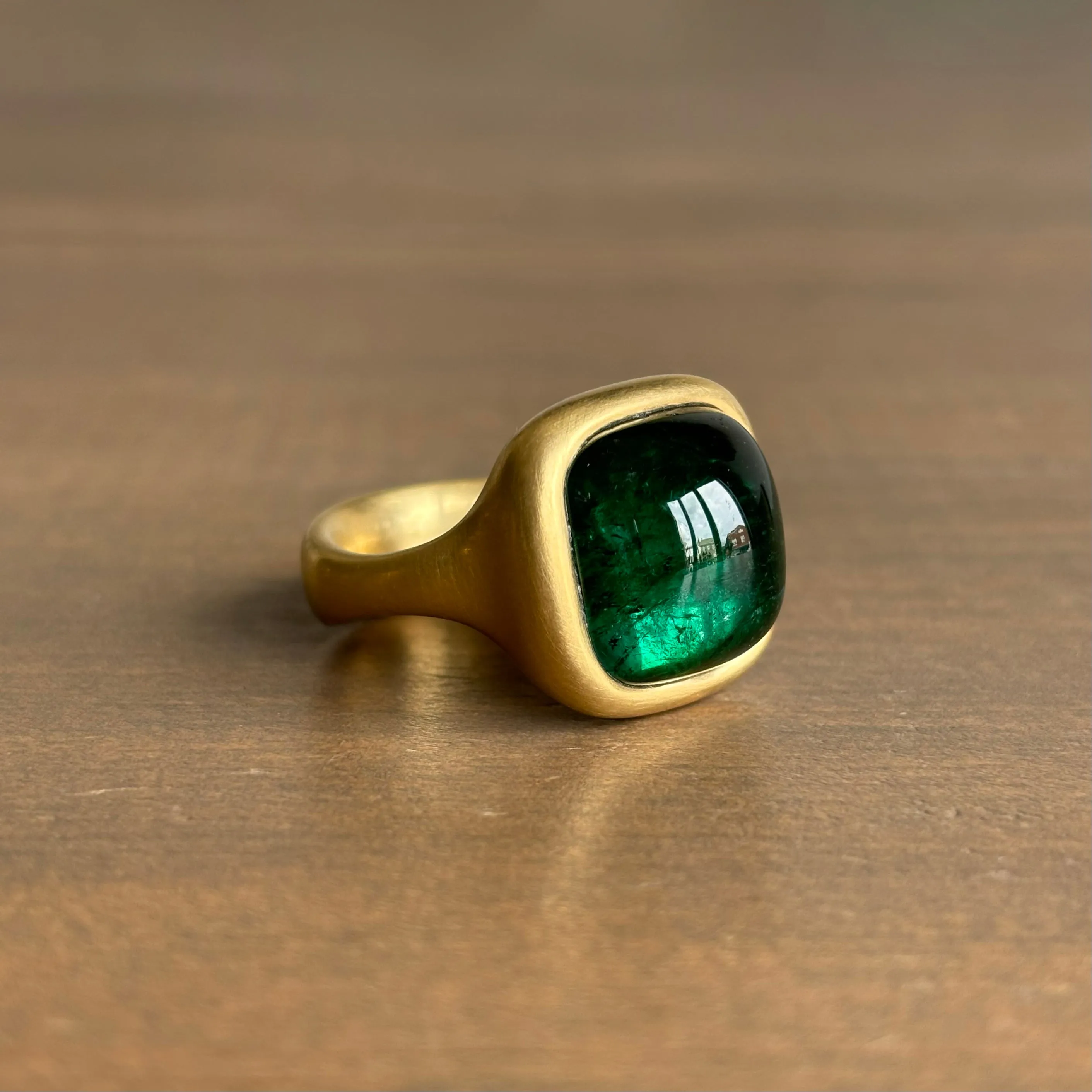 Deep Green/Blue Cushion Tourmaline Signet Ring