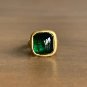 Deep Green/Blue Cushion Tourmaline Signet Ring