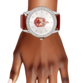 Delta Sigma Theta Inspired Watch DST Red Leather Silver Sun Cut Dial Watch Women