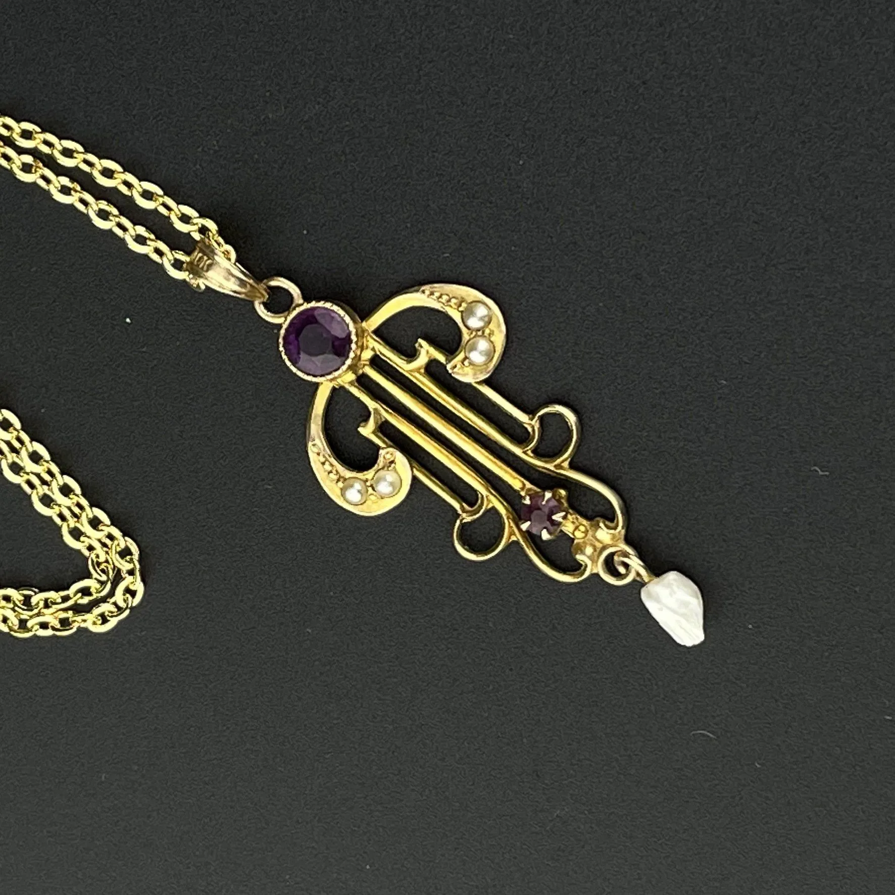 Edwardian Gold Pearl Amethyst Lavaliere Necklace