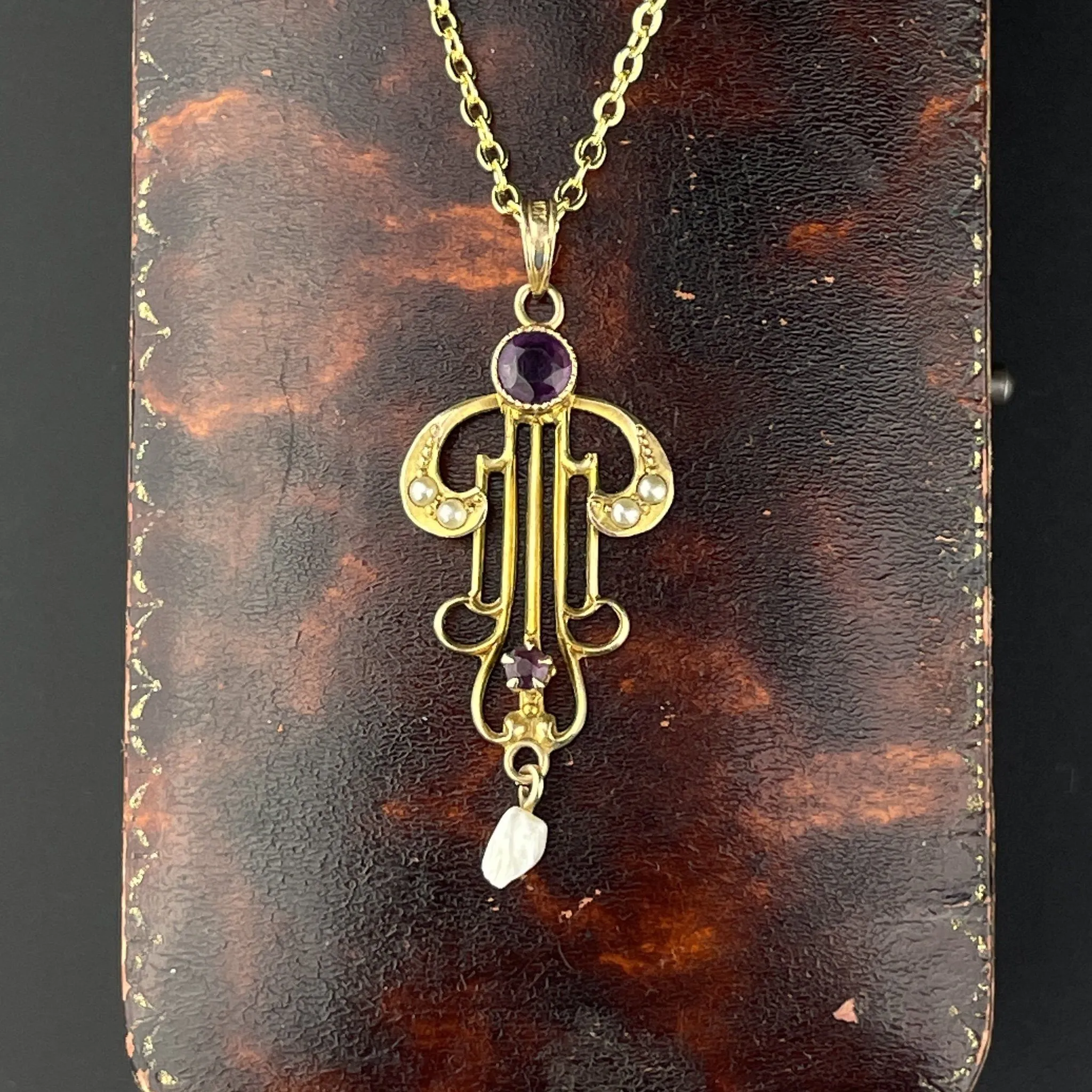 Edwardian Gold Pearl Amethyst Lavaliere Necklace