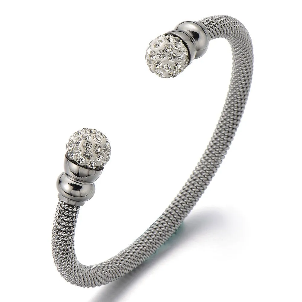 Elastic Adjustable Ladies Stainless Steel Bangle Bracelet with Cubic Zirconia