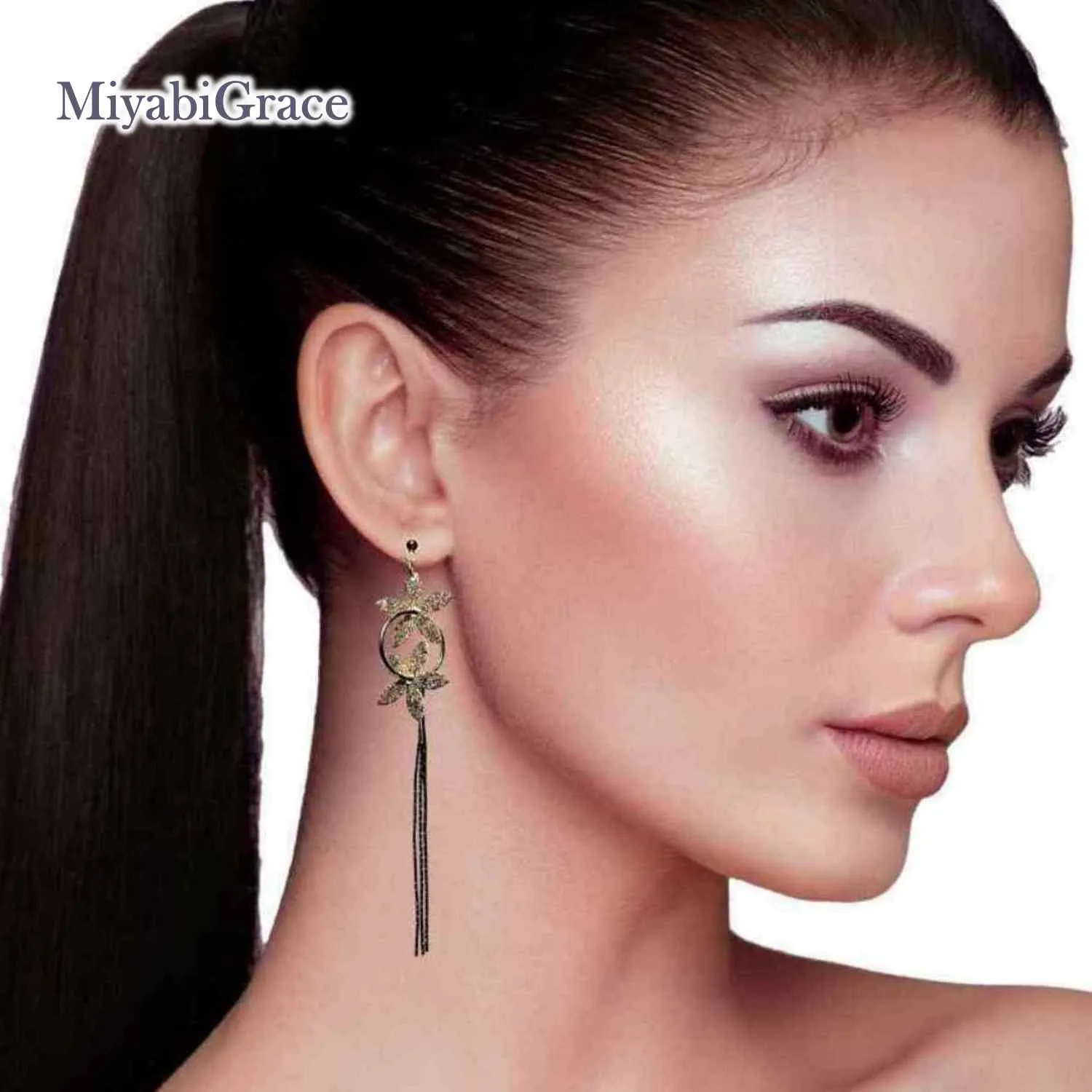 Elegant Golden Flower Long Chain Dangle Invisible Clip-On Earrings