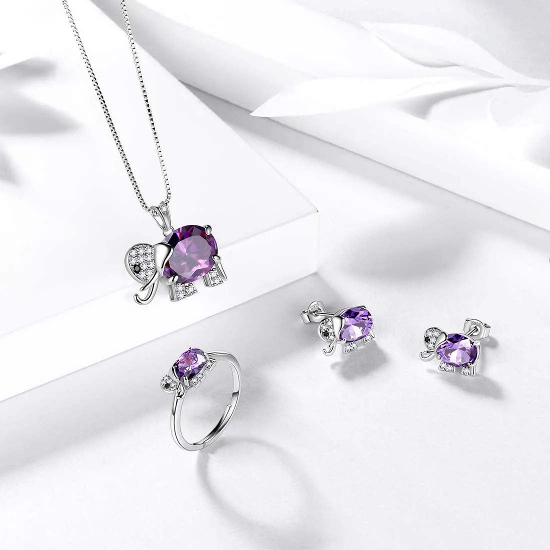 Elephant Birthstone February Amethyst Jewelry Set 4PCS Women Girls Birthday Gift