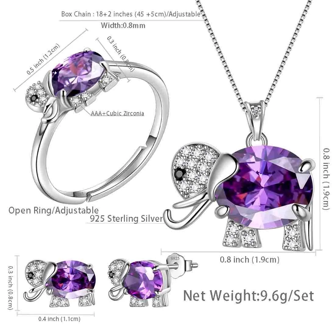 Elephant Birthstone February Amethyst Jewelry Set 4PCS Women Girls Birthday Gift