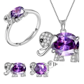 Elephant Birthstone February Amethyst Jewelry Set 4PCS Women Girls Birthday Gift