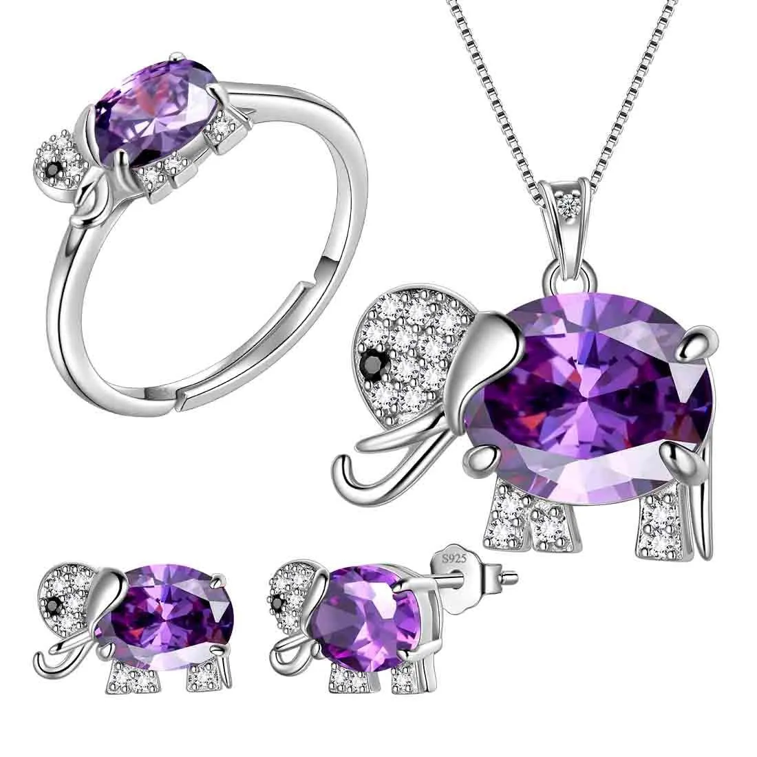 Elephant Birthstone February Amethyst Jewelry Set 4PCS Women Girls Birthday Gift