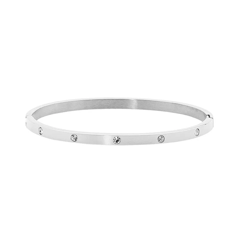 Ellani Stainless Steel Hinged Wide Bangle With Cz