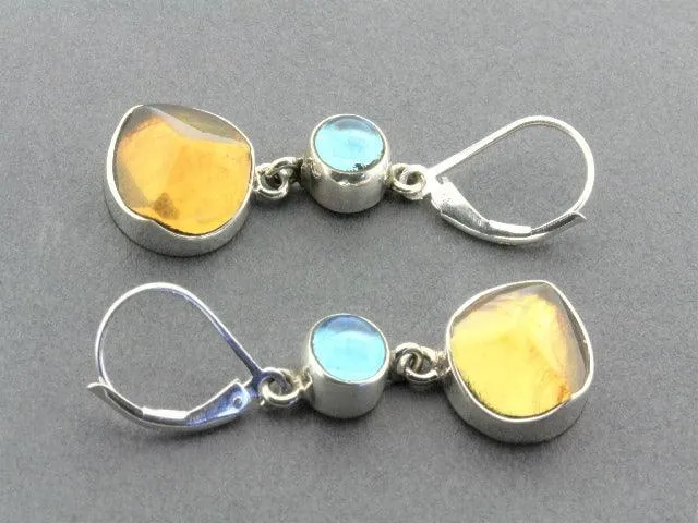 faceted amber & blue topaz silver earrings