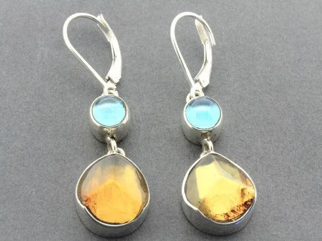 faceted amber & blue topaz silver earrings