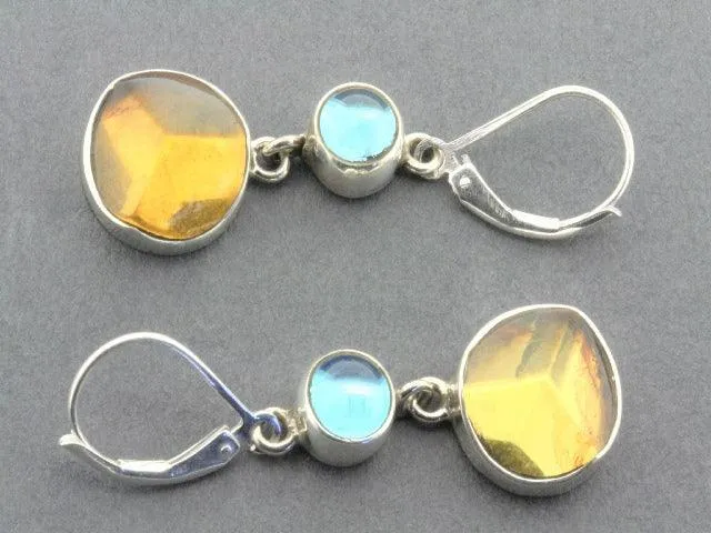 faceted amber & blue topaz silver earrings