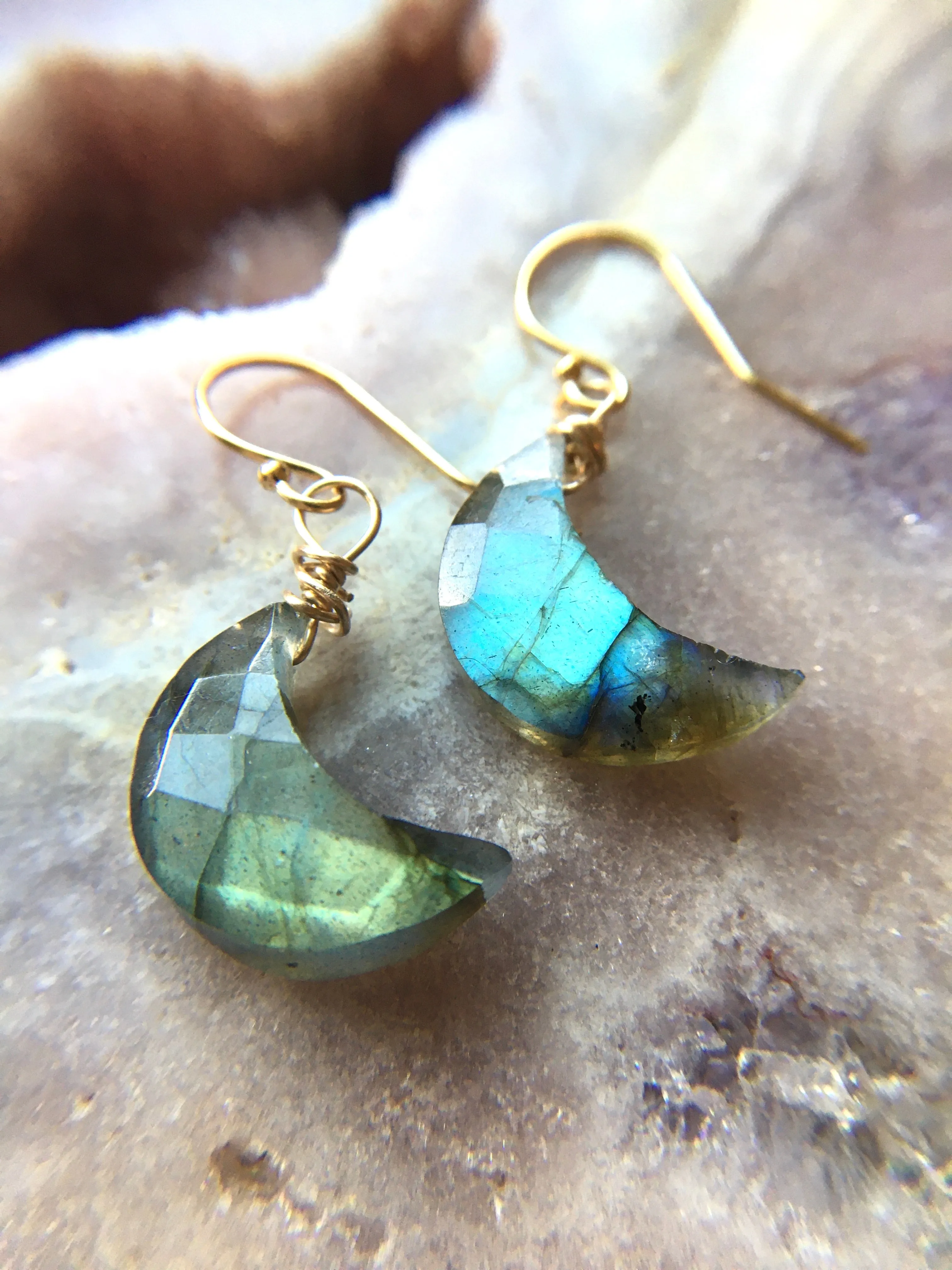 Faceted Mini Labradorite Moon Crystal Earrings